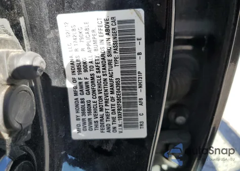 2012 Honda Civic Lx из США, поврежденный, VIN 19XFB2F58CE043953